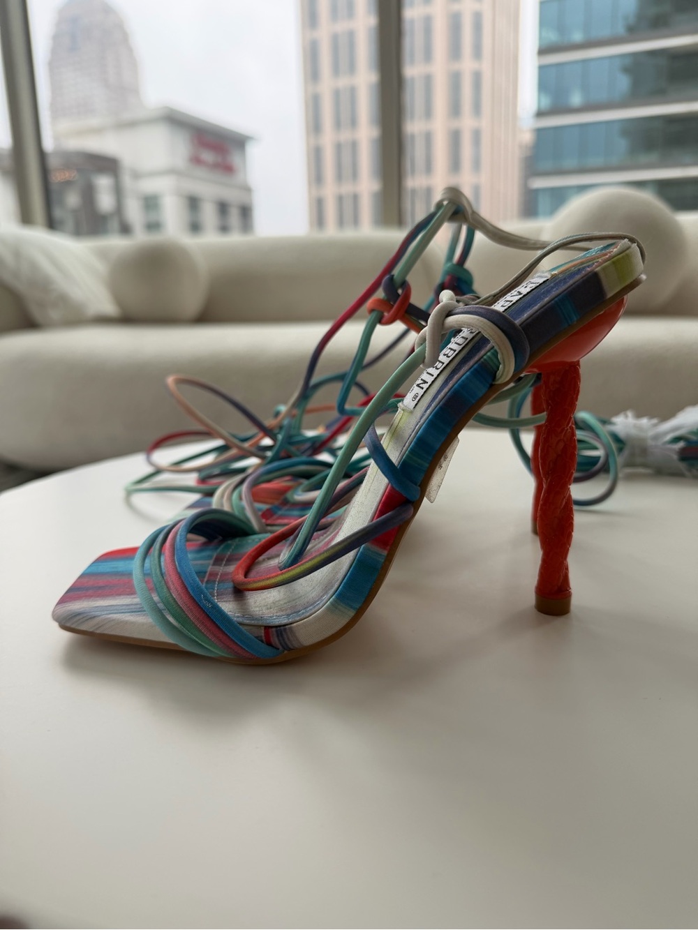 Cape Robbin Multicolor Strappy Lace-Up Heel with Red Twisted Heel